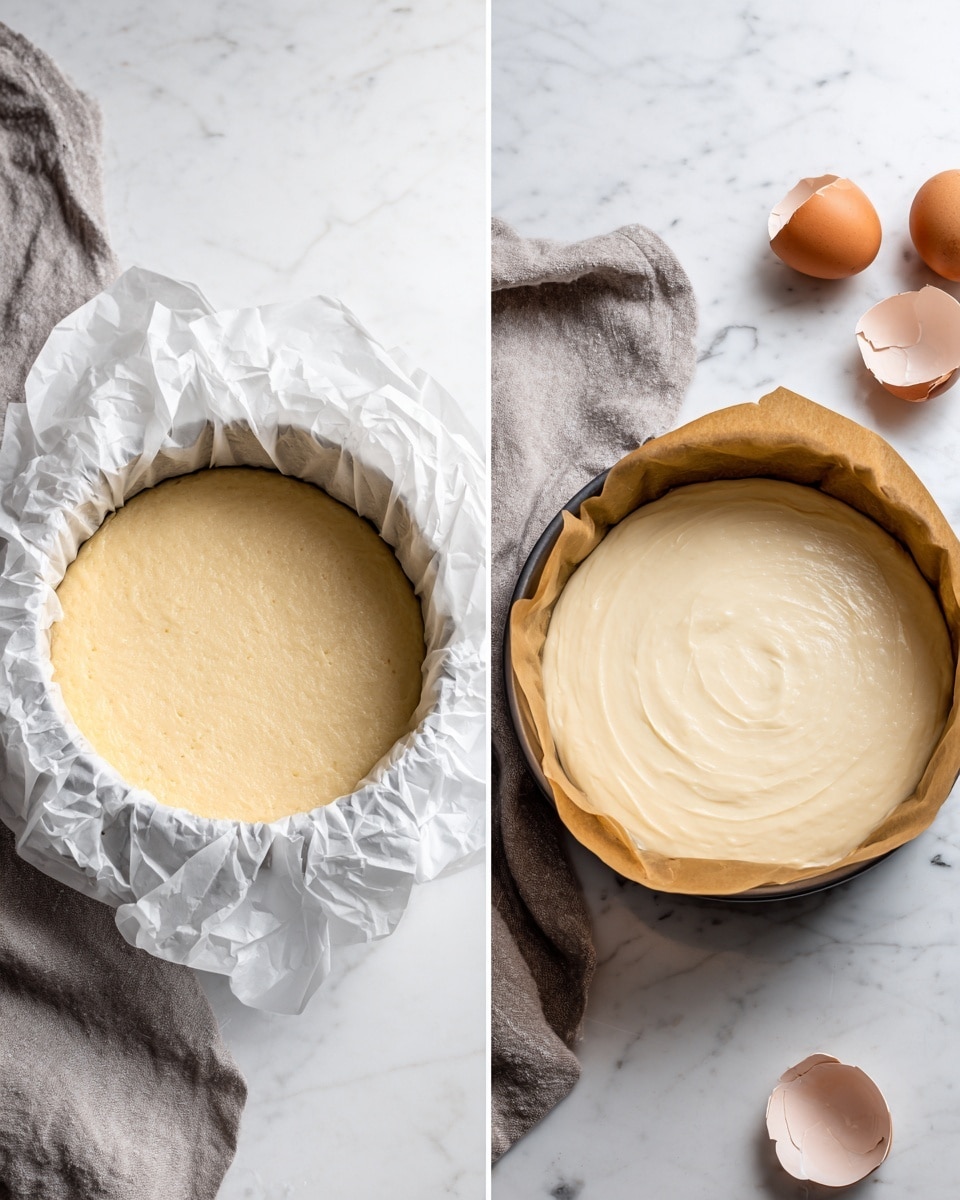 Two images side by side show the preparation of a cake in a round baking pan lined with crumpled white parchment paper. On the left, the empty pan with the parchment paper neatly covering the base and sides sits on a white marbled surface, with a gray cloth partially visible nearby. On the right, the same pan is filled with a smooth, creamy beige cake batter evenly spread across the parchment paper. In the background, there are cracked eggshells resting on the white marbled surface. photo taken with an iphone --ar 4:5 --v 7
