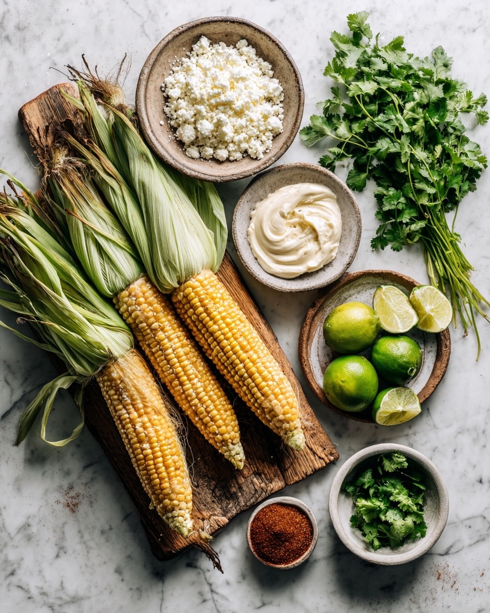 Three ears of yellow and white corn with some small brown grill marks are lined up horizontally on a black grill pan. The kernels on the corn look plump and shiny with a smooth texture. The pan has ridges and is placed on a white marbled surface. Part of a slice of lime and some green herbs peek from the bottom right edge of the image. Photo taken with an iphone --ar 4:5 --v 7