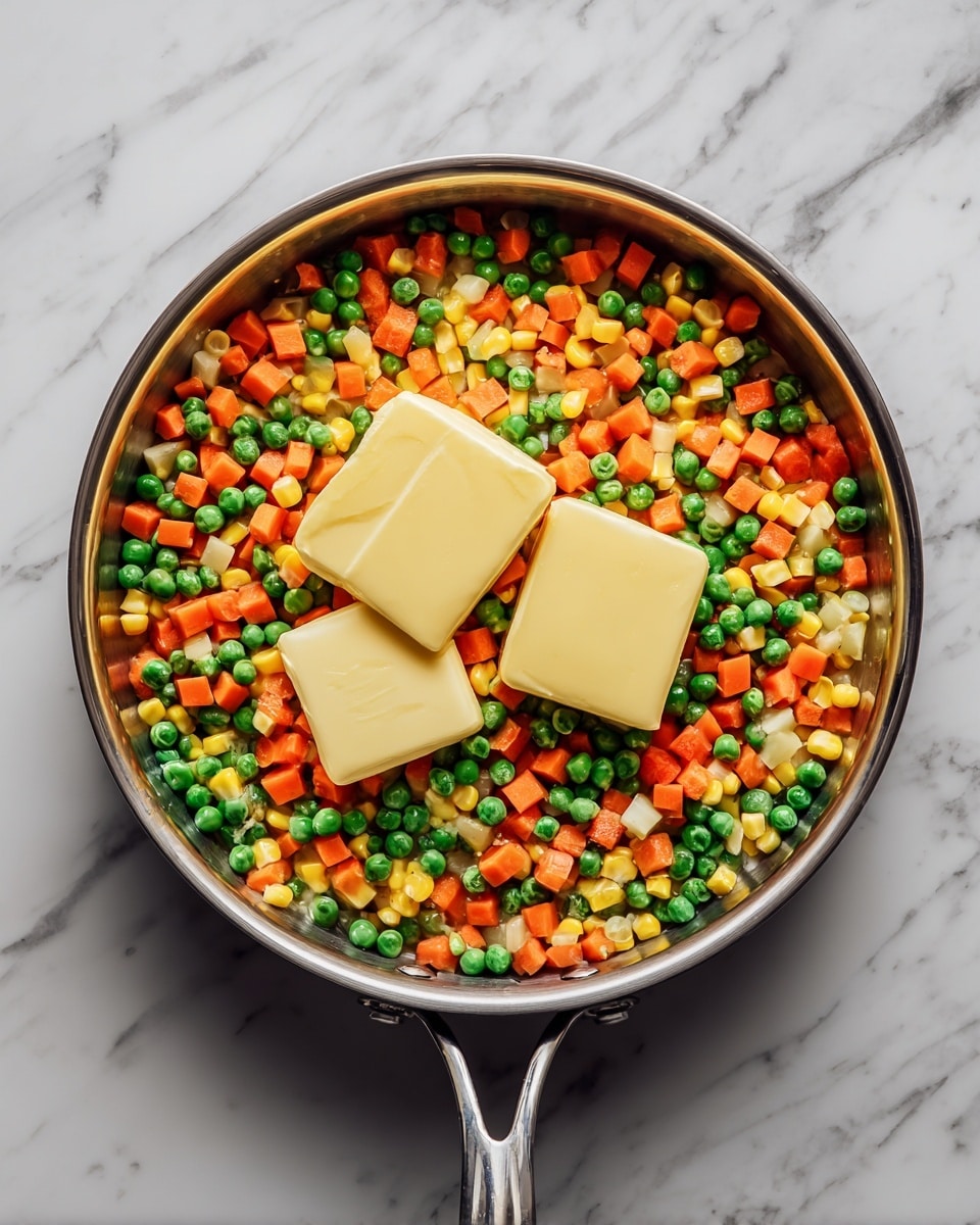 A silver pan placed on a white marbled surface holds a colorful mix of small diced vegetables including orange carrots, green peas, and yellow corn, arranged around the edge of the pan. In the center, there are two rectangular pieces of light yellow butter melting. The vegetables have a glossy, slightly cooked look and are evenly spread in a ring around the butter. Photo taken with an iphone --ar 4:5 --v 7