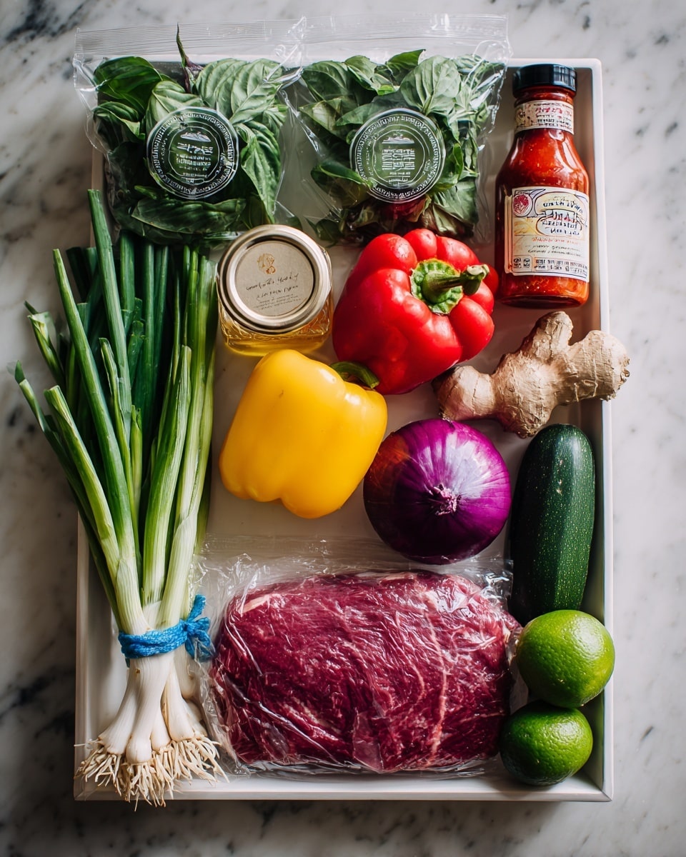 A rectangular white tray holds various fresh ingredients arranged neatly: two bags of green basil and purple coriander leaves stand in the back, with a yellow and a red bell pepper, a red onion, two zucchinis, a small jar of clear honey, a bottle of red sriracha hot chili sauce, a piece of fresh ginger, a bulb of garlic, spring onions wrapped with a blue tie, and a green lime. In the foreground, a sealed plastic pack with a large raw dark red steak is placed flat. The tray rests on a white marbled surface. photo taken with an iphone --ar 4:5 --v 7