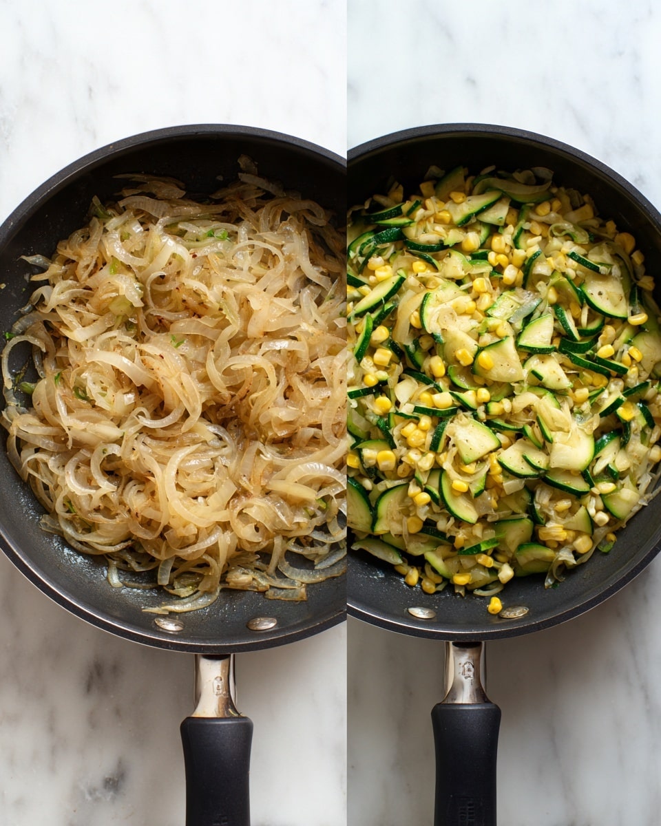 The first image shows a black pan with thinly sliced onions cooked until soft, with a light brown color and a slightly shiny texture, spread evenly across the pan. The second image shows the same black pan now filled with the cooked onions as the base layer, topped with a second layer of small corn pieces and sliced green zucchini, scattered evenly and mixed together, contrasting the soft light brown onions with the fresh green and yellow vegetables. The pan is placed on a white marbled surface. photo taken with an iphone --ar 4:5 --v 7