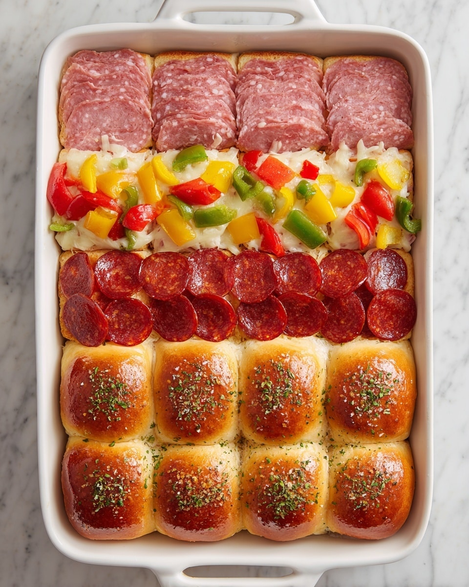 The image shows a white rectangular plate with three neat rows of deli meats: pale pink ham slices on the left, dark red pepperoni slices with visible red flakes in the center, and marbled salami slices with white fat spots on the right. To the right of the plate are three stacks of smooth, round, pale yellow cheese slices. Above and to the left is a tray of 12 golden-brown soft sandwich rolls with slightly cracked tops. At the top center are two jars with red lids: one filled with green pickled peppers and the other with sliced hot cherry peppers in red liquid. To the right are two small clear bowls, one with dried green herbs and the other with two garlic cloves, along with a wrapped gold package of butter. All items rest on a white marbled surface. Photo taken with an iphone --ar 4:5 --v 7