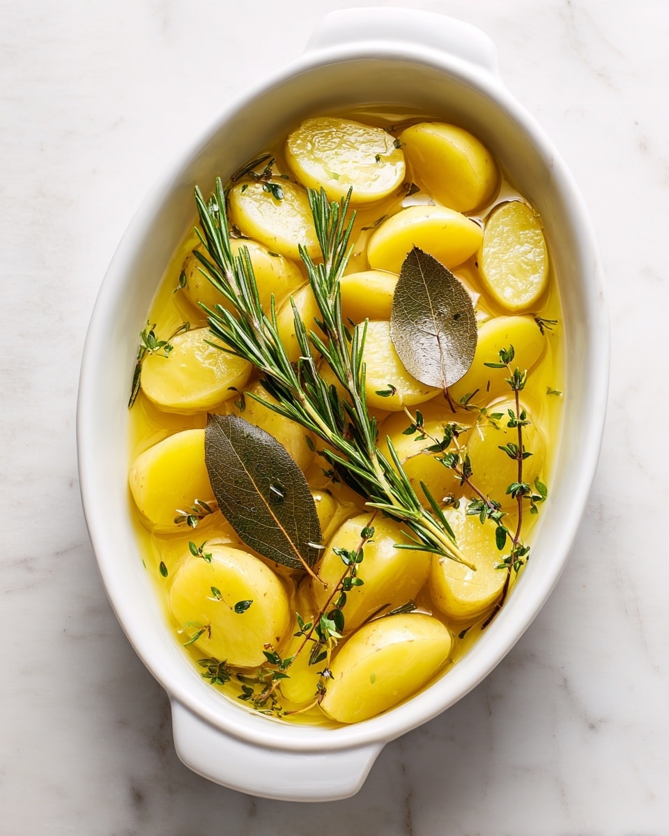 The image shows a white oval dish filled with many small yellow potato halves soaked in clear oil. On top of the potatoes, there are three green herb sprigs, including rosemary and thyme, along with a single light brown bay leaf. The surface underneath the dish is a white marbled texture, giving a clean and bright background. The oil has a smooth, shiny look covering all the potatoes evenly. Photo taken with an iphone --ar 4:5 --v 7