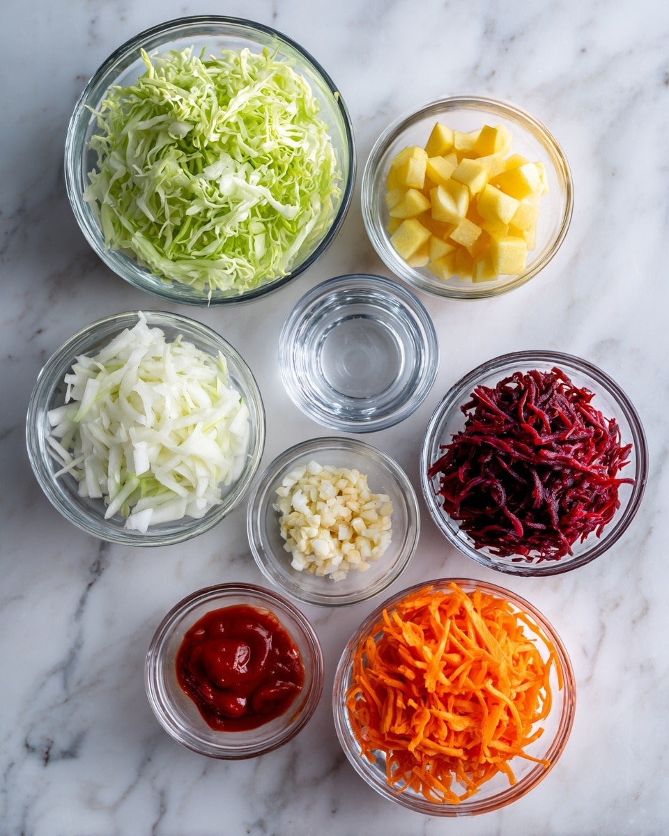 The image shows seven small clear glass bowls arranged on a white marbled surface. One bowl is filled with shredded light green cabbage at the top left, next to another bowl with small yellow diced pieces of apple. Below the apple bowl is an empty bowl with clear water. To the right of the water bowl is a small bowl with a red sauce, likely ketchup. Below the cabbage bowl is a bowl full of finely chopped white onions. Next to the onion bowl is a bowl with shredded dark red beets. Above the beets is a bowl filled with shredded orange carrots. In the middle, between the bowls of carrots and water, there is a small bowl with minced garlic. The bowls are neatly placed showing fresh ingredients ready for cooking or mixing. Photo taken with an iphone --ar 4:5 --v 7