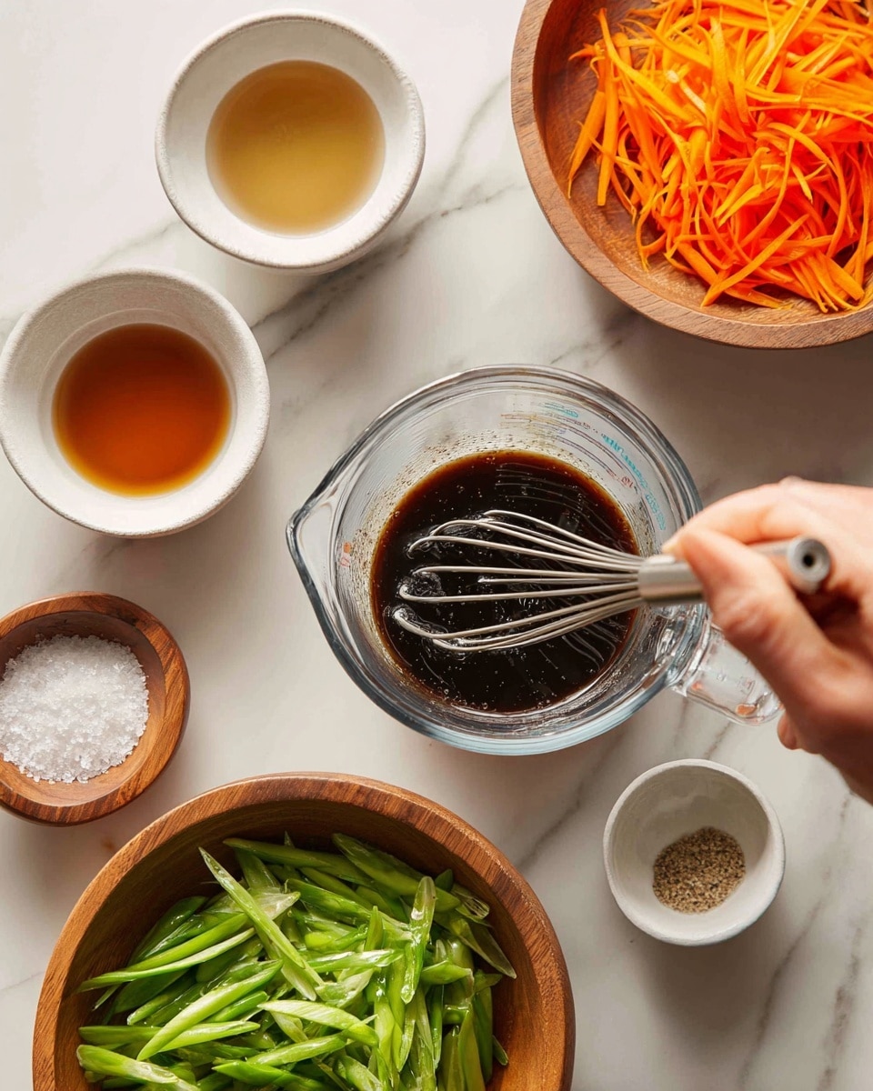 A woman's hand holds a clear glass measuring cup with a small whisk inside, mixing a dark brown liquid. Around it on a white marbled surface are small white bowls with light brown and clear liquids, a tiny bowl with salt, and two wooden bowls filled with bright green sliced vegetables and thin orange carrot strips. The scene is bright and clean with a simple, natural feel. photo taken with an iphone --ar 4:5 --v 7