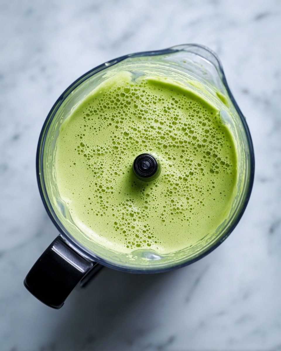 The image shows a top view of a blender jar filled with a light green mixture. The inside of the jar is coated with this smooth, slightly frothy mixture, with small bubbles visible on the surface. The blender blades are centered and covered partly by the green paste. The jar has a black handle on the left side and is placed on a white marbled surface. The overall look is clean and fresh. photo taken with an iphone --ar 4:5 --v 7