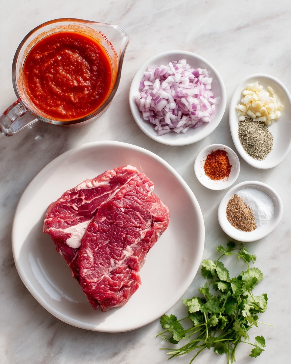 A white plate holds a large, thick piece of raw red meat with light marbling, positioned slightly off-center. To the left of the plate, there is a glass measuring cup filled with thick, bright red tomato sauce. Above the plate, three small white bowls are arranged in a triangular layout: the top bowl contains finely chopped pale purple onions, the middle bowl holds minced garlic with a creamy pale yellow color, and the right bowl shows four types of spices in small separate piles including coarse white salt, green dried herbs, reddish chili powder, and a light brown powder. To the right of the plate, fresh green cilantro sprigs with small leaves are laid flat. The whole scene is set on a white marbled surface. Photo taken with an iphone --ar 4:5 --v 7