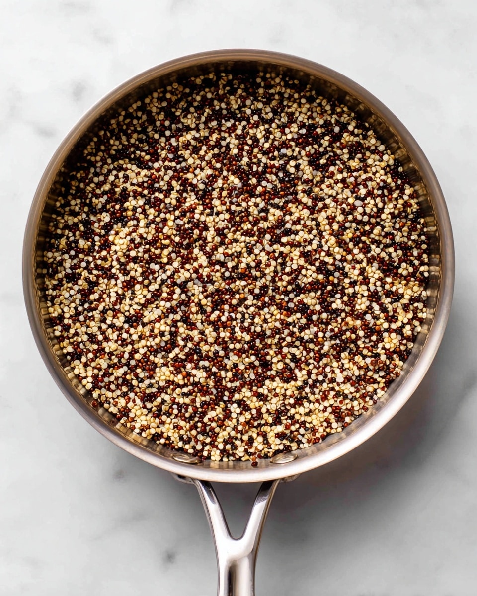 A top view of a stainless steel pan filled with cooked tricolor quinoa evenly spread out inside it. The quinoa shows small grains in shades of light beige, reddish-brown, and black, giving a speckled look. The pan has a shiny, metal handle and is set on a white marbled surface. The quinoa layers are flat and uniform, showing no other ingredients or garnishes. Photo taken with an iphone --ar 4:5 --v 7