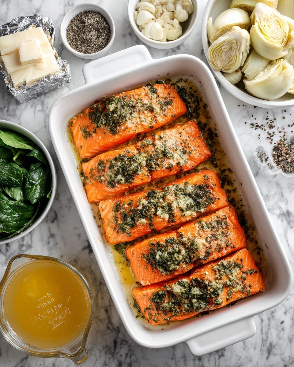 The image shows a white rectangular baking dish with four bright orange salmon fillets spread out evenly. The salmon is seasoned with a green herb mix and some black and white specks of seasoning scattered around the dish. Surrounding the baking dish are small white bowls containing fresh green spinach leaves, artichoke hearts, a round white herb cheese in foil, salt and pepper, and a portion of yellowish broth in a glass measuring cup, all placed on a white marbled surface. photo taken with an iphone --ar 4:5 --v 7