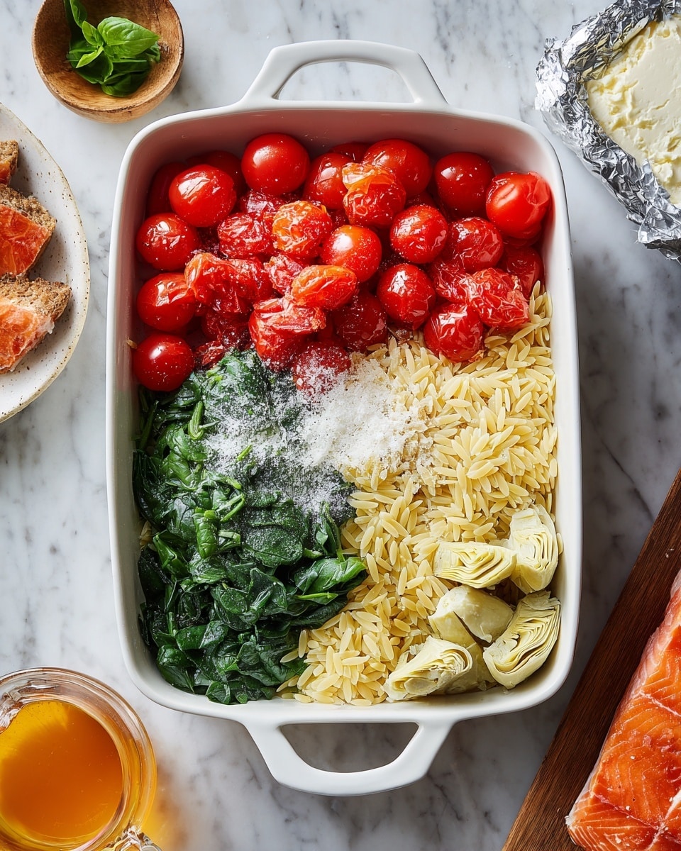 A white rectangular baking dish holds four distinct layers neatly arranged side by side: bright red grape tomatoes clustered on the top left, golden orzo pasta grains filling the top right, fresh dark green spinach leaves covering the bottom left, and pale yellow artichoke hearts on the bottom right. A small amount of white salt or seasoning is sprinkled where the orzo and tomatoes meet. The dish sits on a white marbled surface with a small wooden bowl of basil leaves visible in the upper left corner and a foil-wrapped round of cream cheese in the upper right. Part of a white plate with seasoned salmon and a glass measuring cup with orange liquid are shown at the lower edges. photo taken with an iphone --ar 4:5 --v 7