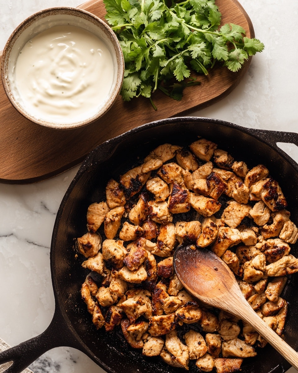 A black cast iron pan holds many small pieces of cooked chicken with a light brown color and slight char marks, spread evenly inside. A wooden spoon rests inside the pan at the bottom right, partially covered by some chicken pieces. In the top left corner, there is a white ceramic bowl filled with thick white sauce on a round wooden board. Next to the bowl, fresh green cilantro leaves are placed on the board. The background is a white marbled texture. photo taken with an iphone --ar 4:5 --v 7