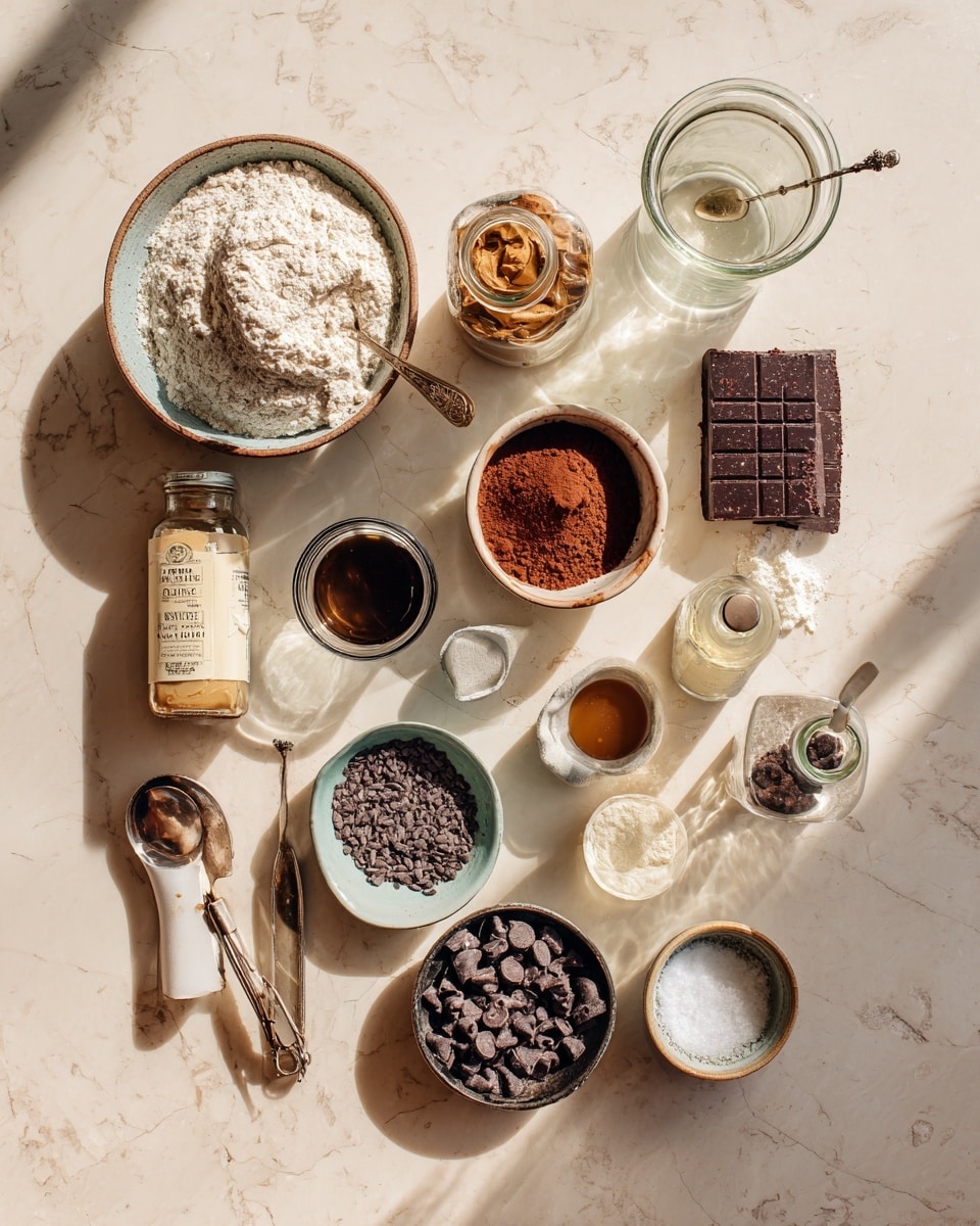 The image shows four steps of making a chocolate mixture in a clear food processor bowl and then baking it in a white square pan lined with parchment paper. In the first step, powder ingredients in light green and brown colors sit on top of a liquid base inside the food processor. The second step shows the same bowl with the ingredients mixed into a thick, dark brown dough with a rough texture. The third step displays the dough transferred into the white pan, appearing crumbly and chunky in shape. The last step reveals the dough flattened evenly inside the pan, having a smooth, firm top surface with a rich chocolate color. All photos are on a white marbled background. Photo taken with an iphone --ar 4:5 --v 7