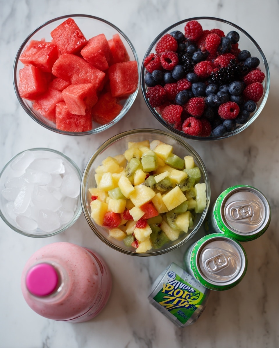 The image shows a clear glass bowl full of bright red watermelon cubes near the top left. Below it, there is another clear glass bowl filled with mixed berries, mostly red raspberries and dark blue blueberries. Under the berries is a larger clear glass bowl packed with colorful diced fruit soaked in juice, with shades of yellow, green, and a small touch of red. To the left, there is a small clear bowl filled with ice cubes. On the right side of the bowls, two small cans of 7UP Zero Sugar lemon lime soda are placed close together. Below the cans, there is a pink bottle of strawberry-flavored reduced fat milk. All items rest on a white marbled surface. photo taken with an iphone --ar 4:5 --v 7