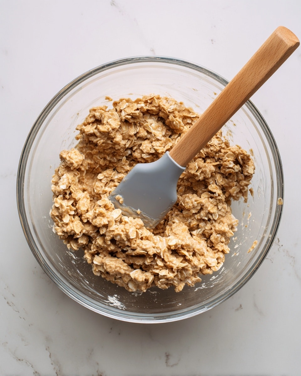 A clear glass bowl sits on a white marbled surface, filled with a thick mix of oats and light brown sticky ingredients, clumped together in roughly two layers. The mixture has a rough texture, with visible oat flakes in a golden brown color scattered throughout. Inside the bowl, a spatula with a wooden handle and a grey silicone end rests partially immersed in the mixture. The scene is lit evenly, showing the clear bowl's transparency and the detailed texture of the oat mixture inside. Photo taken with an iphone --ar 4:5 --v 7