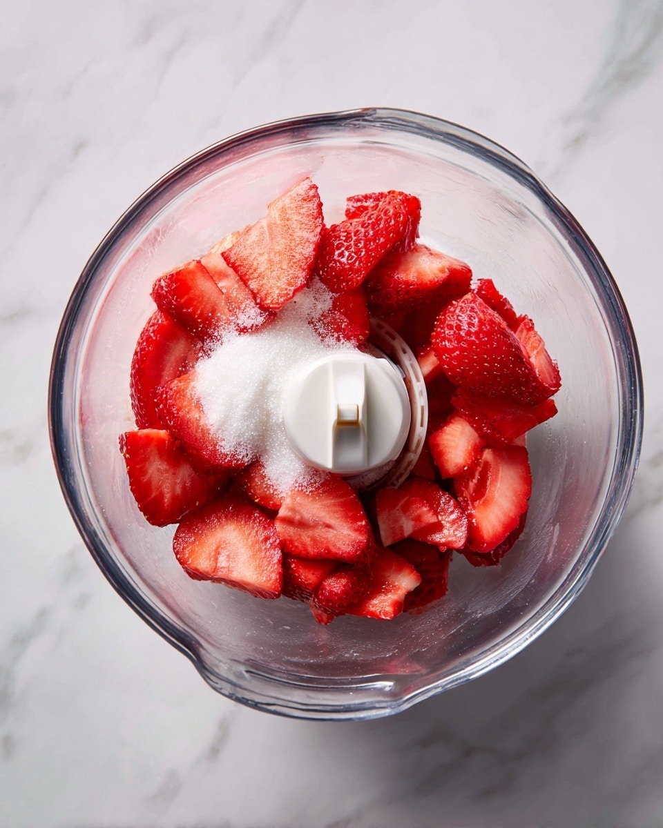 The image shows a clear glass bowl placed on a white marbled surface, filled with several pieces of bright red sliced strawberries arranged loosely. On top of the strawberries, there is a small pile of white granulated sugar. In the center of the bowl, a white plastic blade mechanism attached to the bowl's base is visible. The inside of the bowl is smooth and transparent, revealing the fresh fruit and sugar layers. photo taken with an iphone --ar 4:5 --v 7