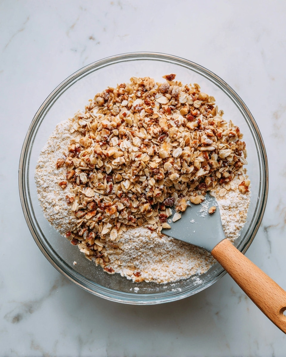 A clear glass bowl sits on a white marbled surface, filled halfway with a mix of light tan rolled oats, small brown nut pieces, and specks of fine white powder, suggesting flour or sugar. A gray spatula with a wooden handle dips into the mixture from the right side, partially lifting some of the ingredients. The overall texture looks dry and coarse, and the bowl’s transparent round edges show the uneven layering of oats and nuts inside. Photo taken with an iphone --ar 4:5 --v 7