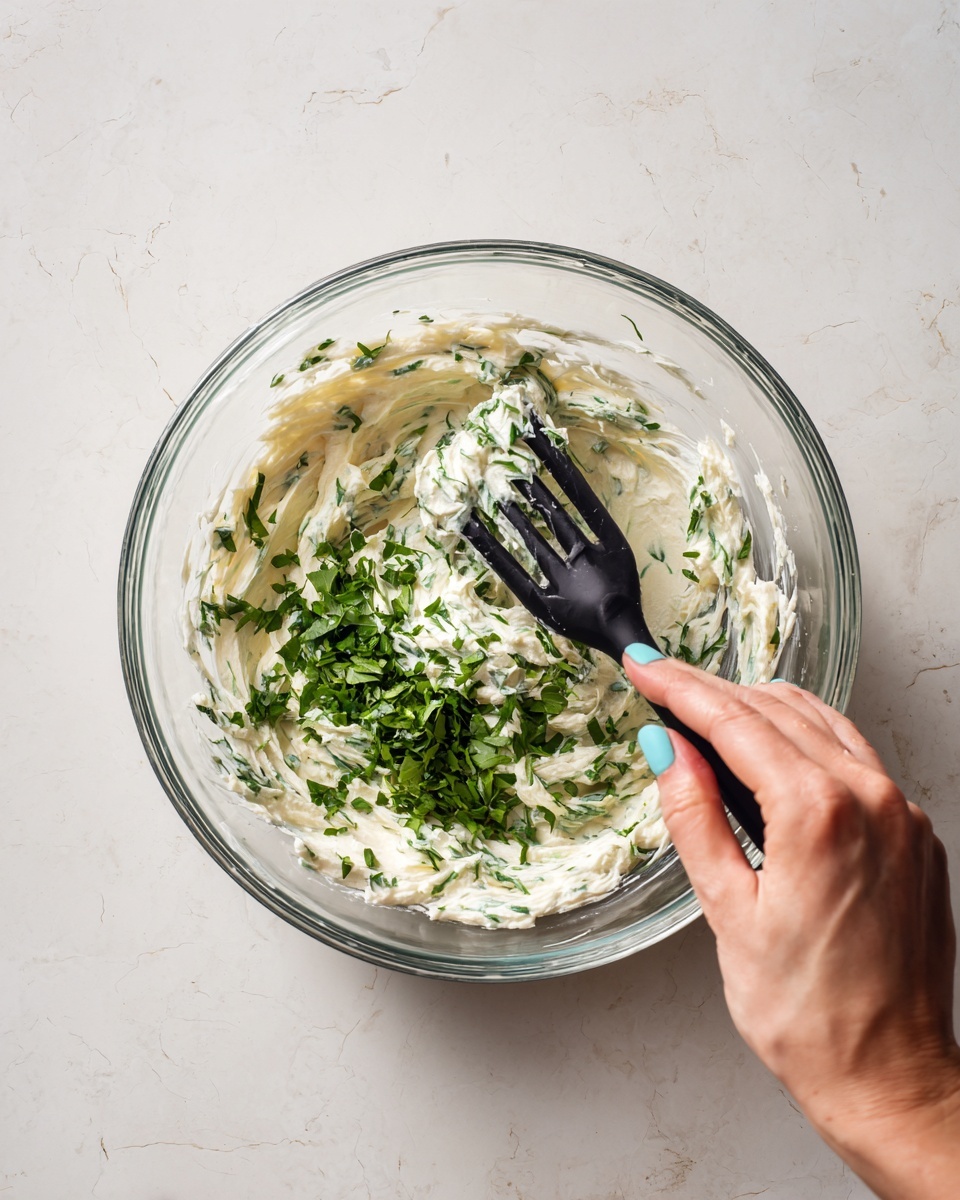 A clear glass bowl sits on a white marbled surface, filled with a creamy white mixture speckled with bright green chopped herbs all around and stirred slightly in the center. A woman's hand with light blue nails holds a black spatula mixing the ingredients inside the bowl. The texture of the cream looks smooth and thick, while the chopped herbs add a fresh and leafy green contrast. The scene is bright and clean. photo taken with an iphone --ar 4:5 --v 7