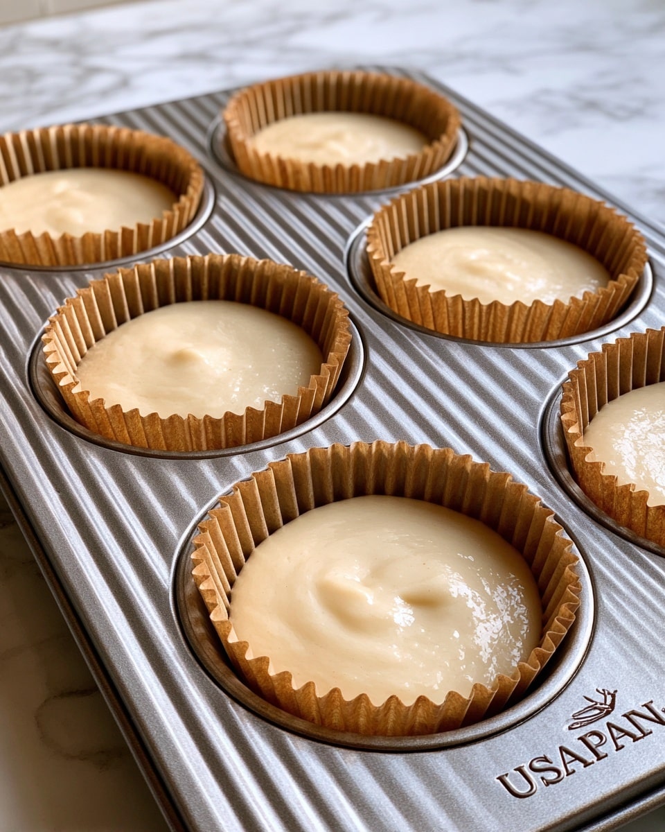 A close-up view of six muffin cups in a metal baking tray, each cup lined with light brown paper liners filled with smooth, creamy beige batter that has a shiny surface. The tray has a striped texture and the logo