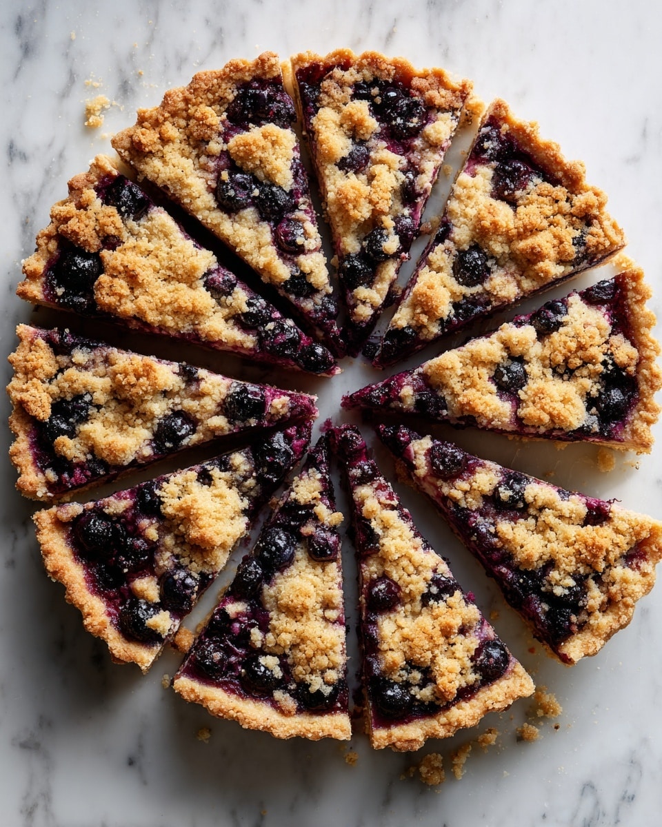A round blueberry crumble tart is cut into eight equal slices and placed on a white marbled surface. The top layer is a crumbly mix of light beige dough with patches of deep purple blueberry filling showing through unevenly, creating a speckled pattern. The blueberries appear whole in some spots, giving bursts of dark purple color across the tart. The edges are slightly rough and rustic, showing bits of crumb topping spilling over. Photo taken with an iphone --ar 4:5 --v 7