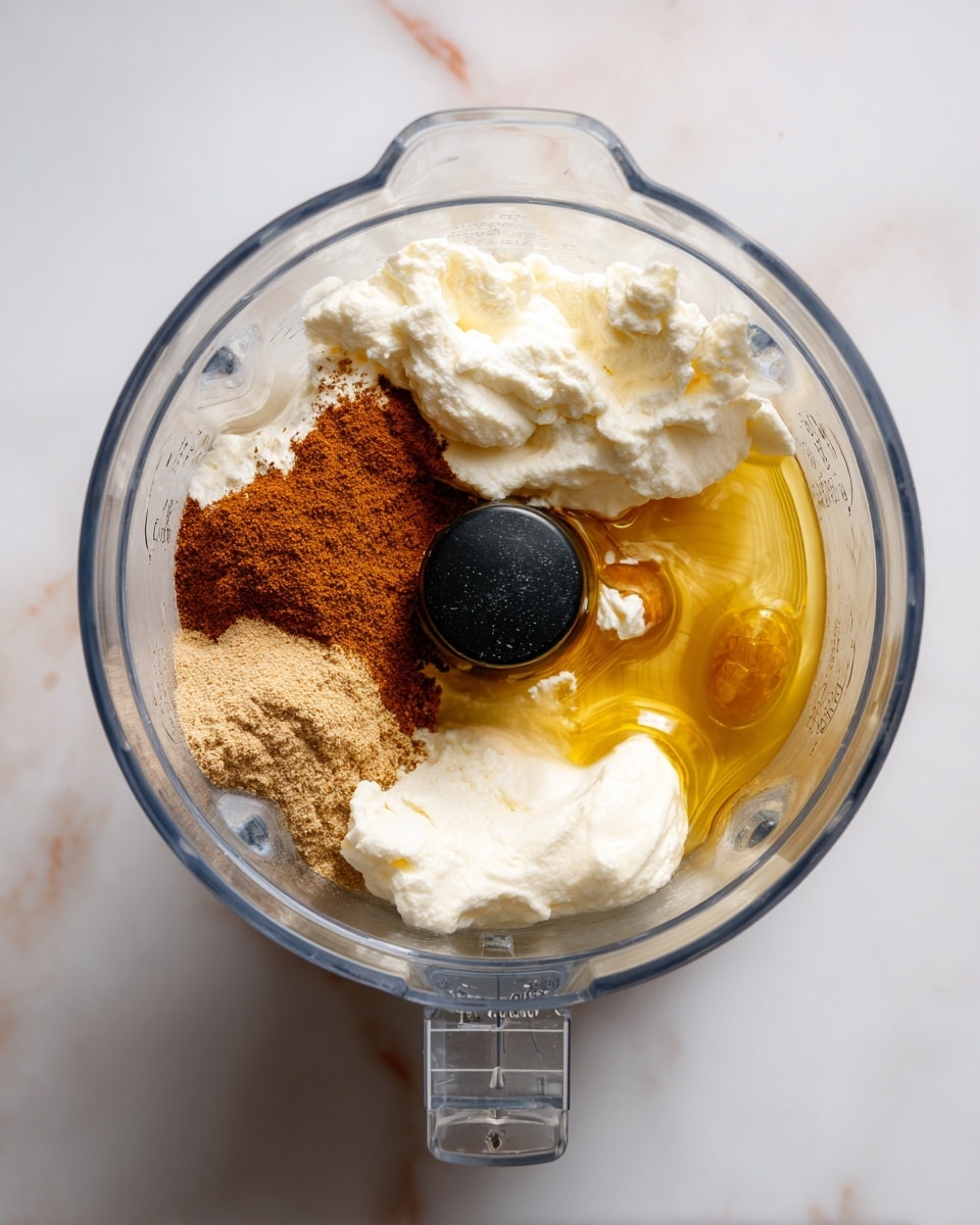 A clear round blender container sits on a white marbled surface, filled with unblended ingredients. Inside, on the left side, is a fluffy white layer of cream, next to it at the top left is a brown powder layer, and on the right side, a translucent honey-yellow liquid layer with a golden shine. The ingredients are separated but slightly mixed near the center black blade. The blender container has measurement markings around its clear walls. Photo taken with an iphone --ar 4:5 --v 7