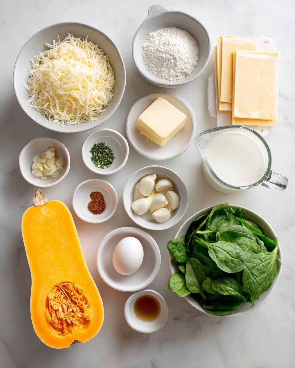 In a large white bowl with a small spout, several ingredients are arranged separately without mixing. There is a raw egg with a bright yellow yolk and clear egg white on the left side. Next to it is a large round dollop of white ricotta cheese sprinkled with some black pepper. At the top right is a small pile of finely grated pale yellow cheese. Below that is a group of wilted dark green spinach leaves mixed with some chopped herbs, including parsley and possibly thyme. There is also a small reddish-brown patch of crushed red pepper flakes near the herbs. The bowl is placed on a white marbled surface. Photo taken with an iphone --ar 4:5 --v 7