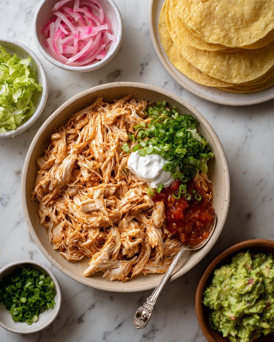 The image shows a large beige bowl filled with shredded light brown chicken on the left side, bright green chopped scallions on the top right, bright red sauce beside the scallions, and a dollop of white sour cream below the sauce. A silver spoon with a decorative handle is resting inside the bowl on the left. Surrounding the bowl are small white bowls with bright green chopped lettuce at the bottom left and thinly sliced pink pickled onions at the top left. To the right of the bowl, there is a white plate stacked with yellow corn tortillas, and below that, a brown bowl filled with chunky green guacamole. All items are placed on a white marbled surface. photo taken with an iphone --ar 4:5 --v 7