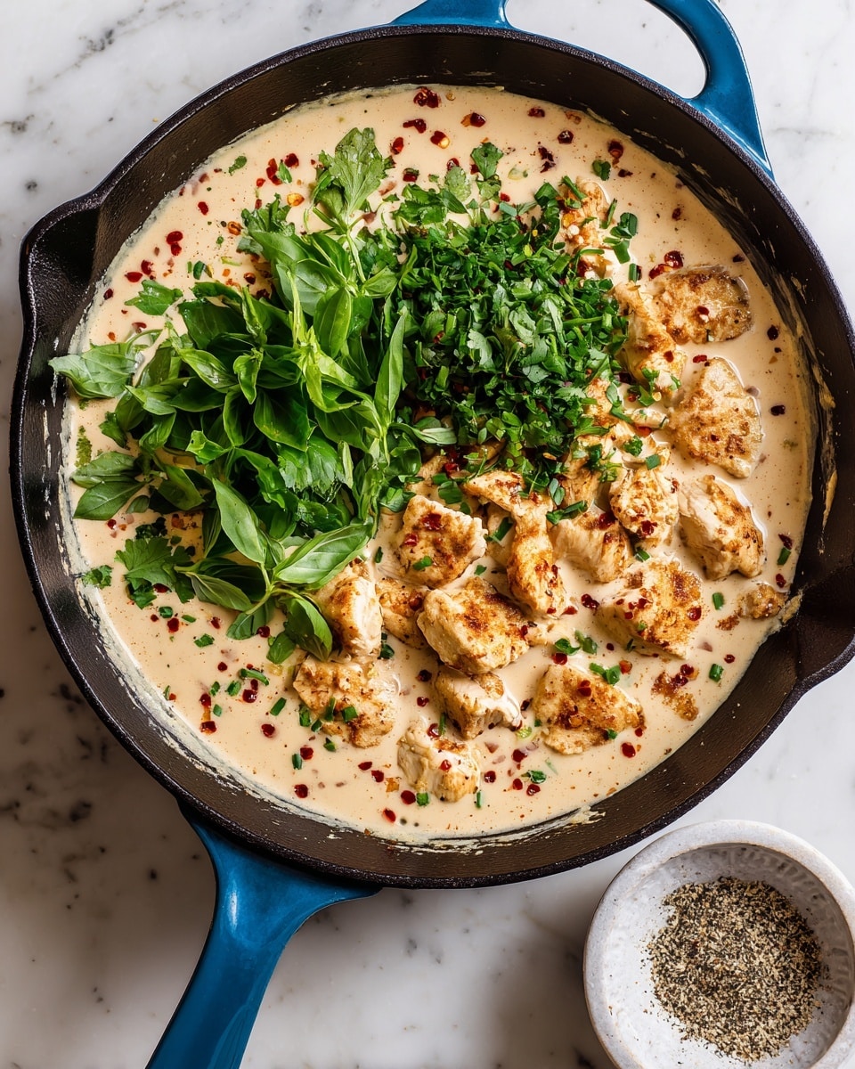 A black cast iron pan with a blue handle sits on a white marbled surface, filled with a creamy, light beige sauce that has specks of red pepper flakes and small bits of onion. On top of the sauce, there are several pieces of cooked light golden chicken arranged mostly in the center and right side of the pan. Over the chicken, there are two piles of fresh green herbs, one pile of larger basil leaves and another of finely chopped cilantro, adding a bright green contrast. To the right of the pan is a small white marbled bowl with black pepper and salt inside. Photo taken with an iphone --ar 4:5 --v 7