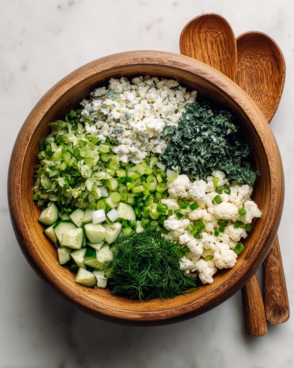 A round wooden bowl holds six different chopped ingredients arranged in sections. From the top right going clockwise: a mound of white crumbly cheese with a soft texture, next dark green finely chopped kale, then bright green chopped lettuce, followed by a layer of fresh green herbs like parsley and green onions, a section of finely chopped fresh dill in bright green, diced light green cucumbers, and finally small white cauliflower pieces. The bowl is placed on a white marbled surface with two wooden salad spoons to the right side. Photo taken with an iphone --ar 4:5 --v 7
