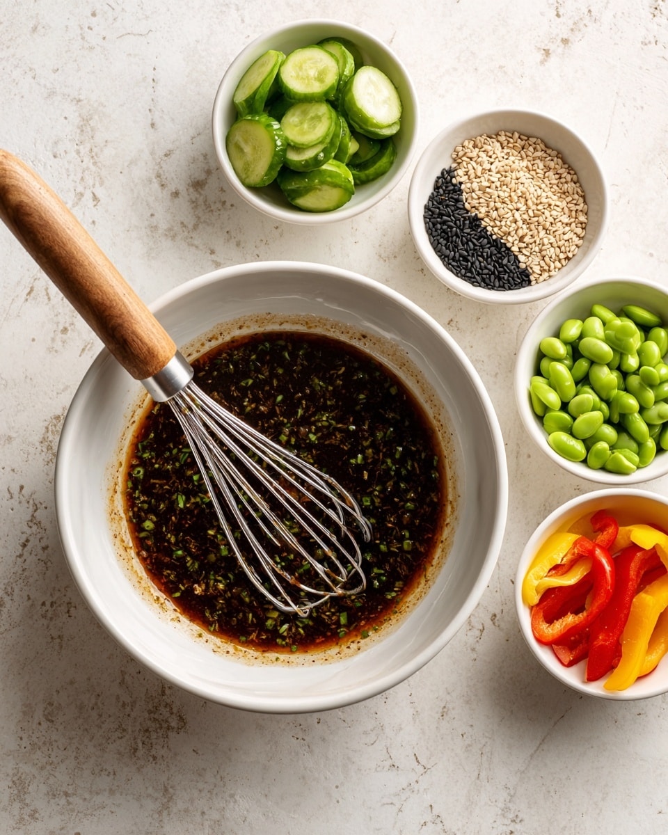 The image shows a white bowl with a dark brown sauce inside, speckled with small bits, and a whisk with a wooden handle resting in it. Around the bowl, there are four small white bowls each containing a different ingredient: sliced green cucumbers on the left, bright green edamame beans on the right, a mix of black and white sesame seeds on the top right, and small slices of red and yellow bell peppers at the bottom left. All the bowls are placed on a white marbled surface. photo taken with an iphone --ar 4:5 --v 7