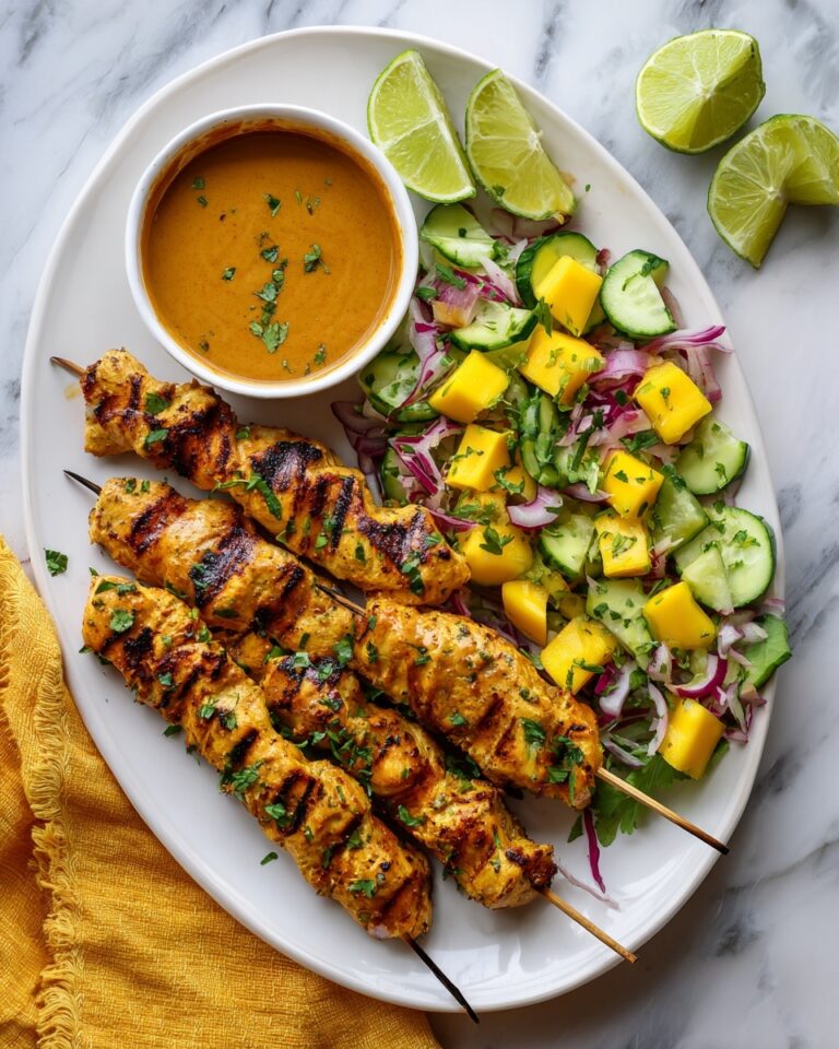 Chicken Satay with Peanut Sauce and Fresh Cucumber Mango Salad Recipe