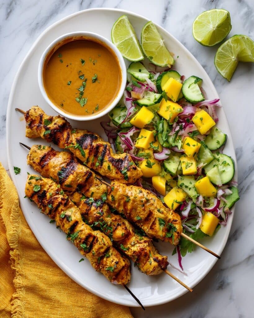 Chicken Satay with Peanut Sauce and Fresh Cucumber Mango Salad Recipe