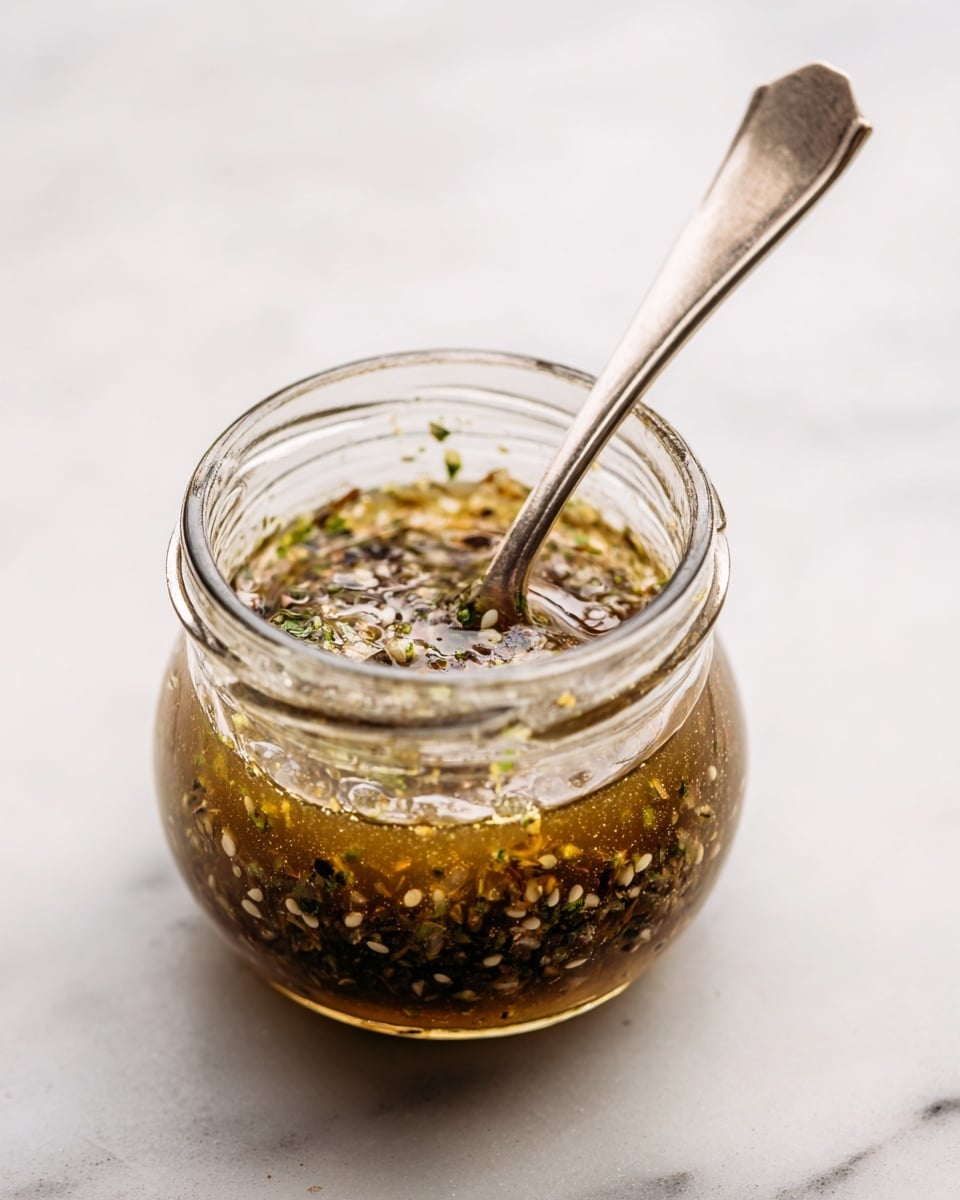 A glass jar filled with a greenish-brown sauce mixed with small bits of herbs and spices is placed on a white marbled surface. A silver spoon is inside the jar, slightly sunk into the sauce, with the handle extending out to the right. The sauce inside looks thick with visible small seeds and herb pieces, giving it a textured appearance. The jar has some sauce marks on the upper outer rim. photo taken with an iphone --ar 4:5 --v 7