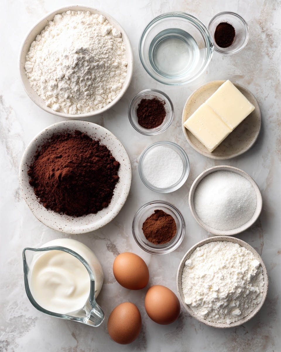 The image shows many baking ingredients neatly placed on a white marbled surface. There are fourteen containers in total, including a white bowl filled with white flour with a small mound in the center on the top left, a glass bowl with clear liquid in the middle behind, and a shallow white bowl with dark brown cocoa powder in the middle. Next to the cocoa powder on the right is a small stick of butter, a small white bowl with salt, a small white bowl with espresso powder, and a small white bowl filled with vanilla extract. On the bottom left, a clear glass measuring cup holds thick white yogurt, and next to it is a white bowl overflowing with white granulated sugar. In the center bottom, some brown eggs lie in a small white speckled bowl. A clear glass measuring cup full of white powdered sugar is on the bottom right. There is also a small metal measuring cup filled with cocoa powder and a small white bowl with vanilla extract near the butter. Everything is arranged carefully and evenly spaced. The photo is taken with an iphone --ar 4:5 --v 7