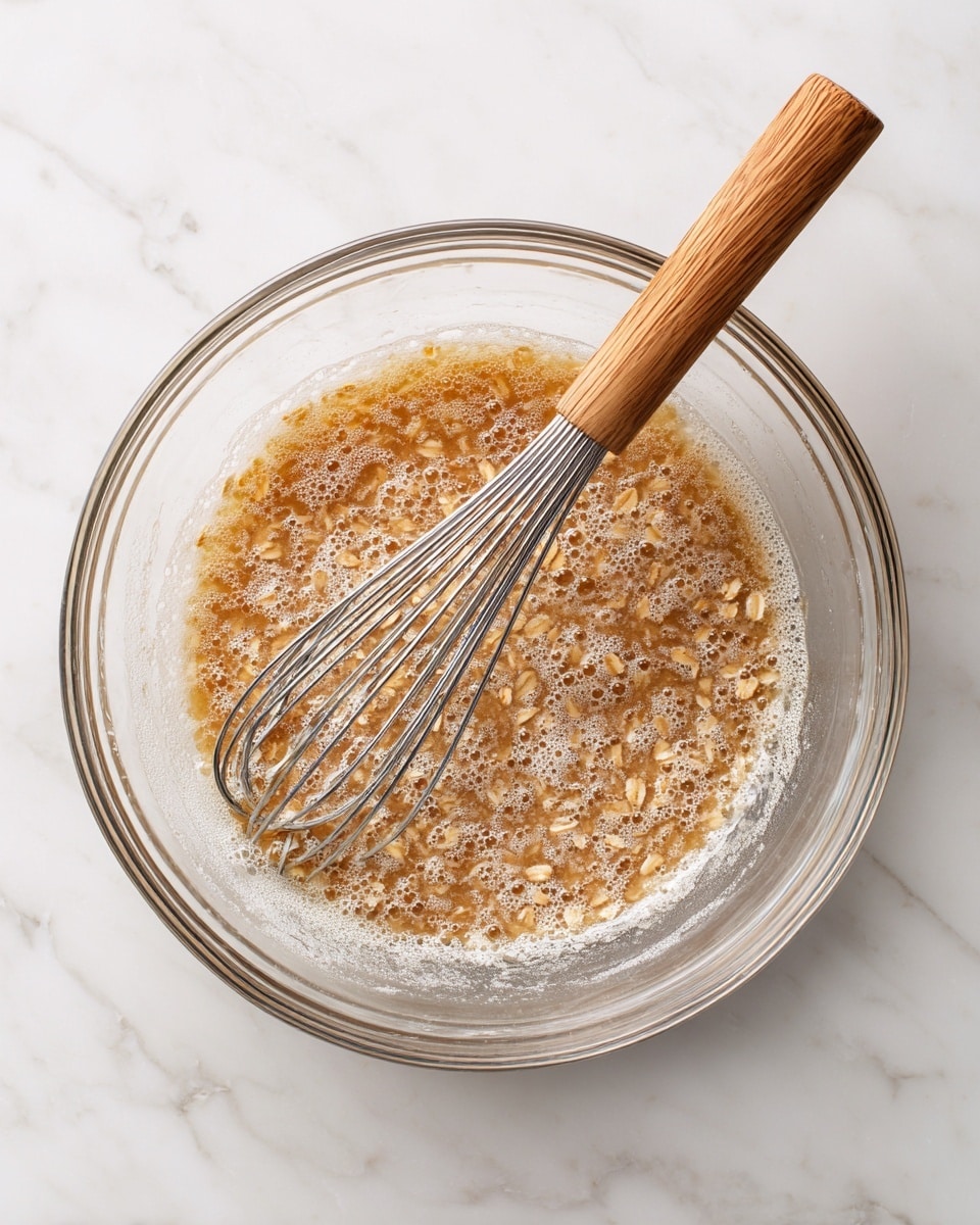 A clear glass bowl filled with a mixture of light brown liquid and dry oats floating and partly soaked, creating a textured, uneven surface with small bubbles. Inside the bowl, a metal whisk with a wooden handle rests on the mixture, with its wires partially covered in the liquid. The bowl sits on a white marbled surface, showing a clean, bright background. photo taken with an iphone --ar 4:5 --v 7