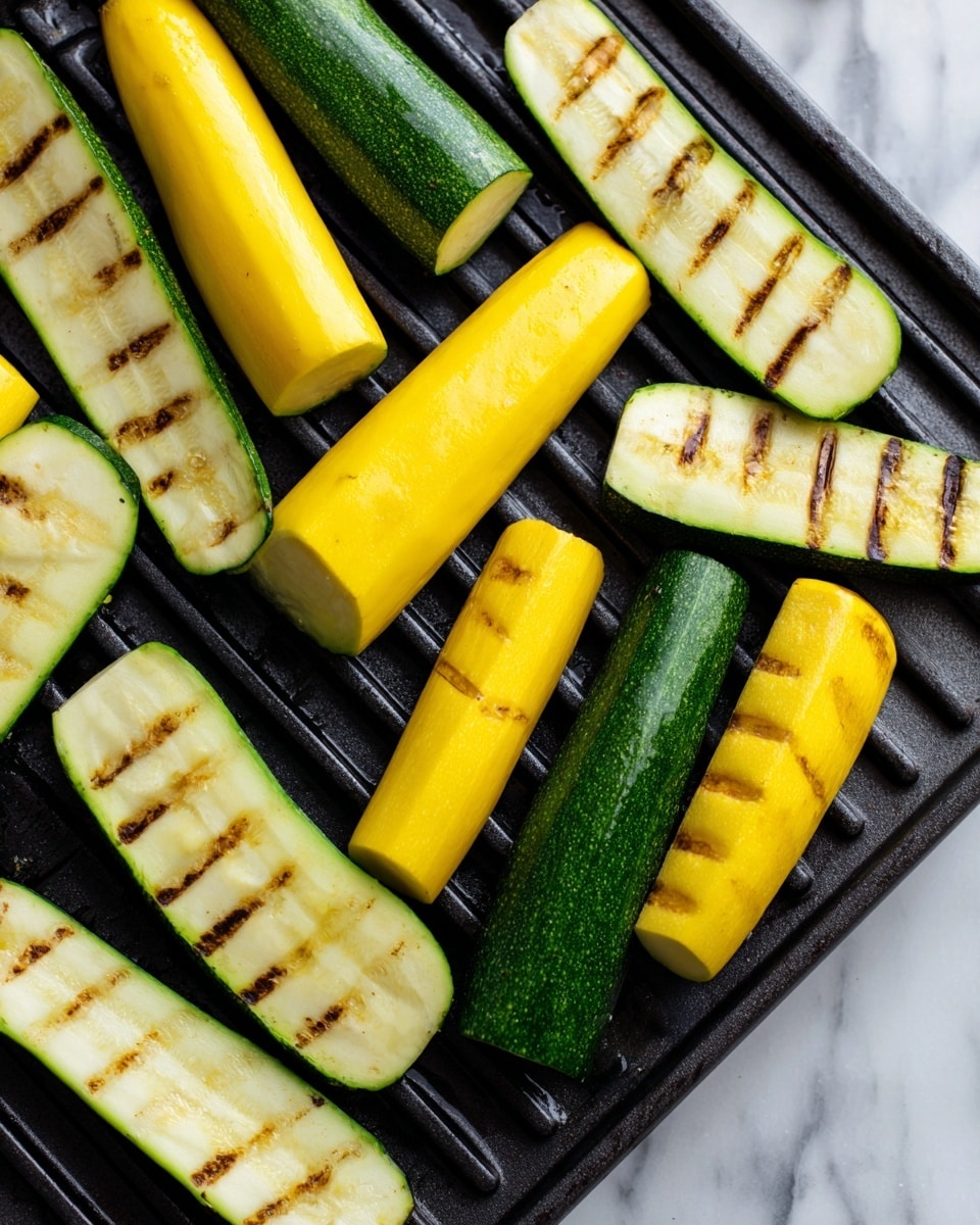 The image shows slices of zucchini being grilled on a dark grill grate. There are two main types of zucchini: green zucchini with a bright green skin and pale green inside, and yellow zucchini with a cheerful yellow skin and pale yellow inside. The zucchini pieces are cut lengthwise into long, flat slices, placed flat on the grill in a scattered pattern. The grill marks are beginning to appear on the zucchini, giving a slightly striped texture. The background is a white marbled surface. photo taken with an iphone --ar 4:5 --v 7