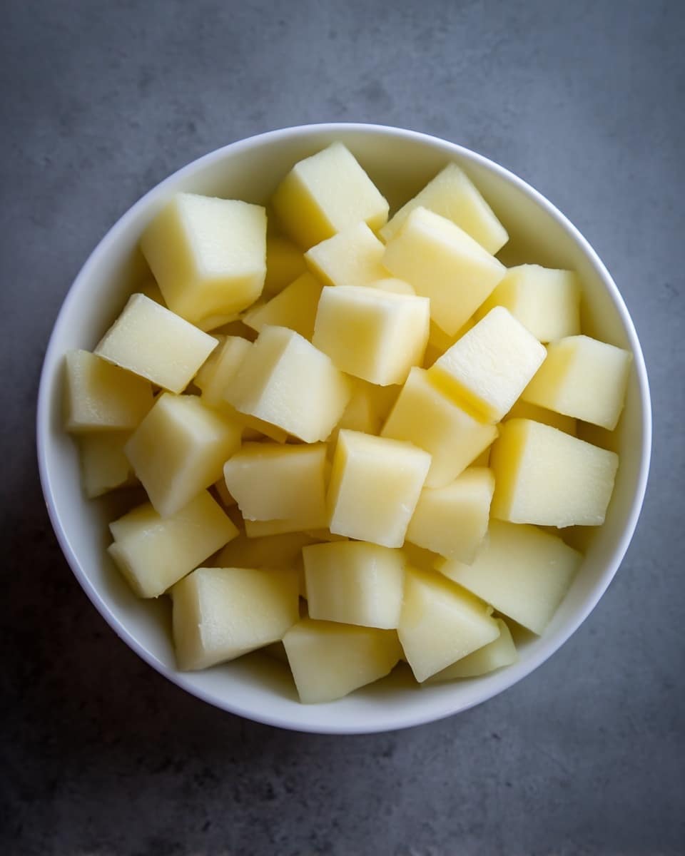 A white bowl filled with small cubes of boiled potatoes, each piece light yellow with smooth, soft edges, stacked evenly inside the bowl. The bowl sits on a dark gray surface with a clear, simple look. photo taken with an iphone --ar 4:5 --v 7