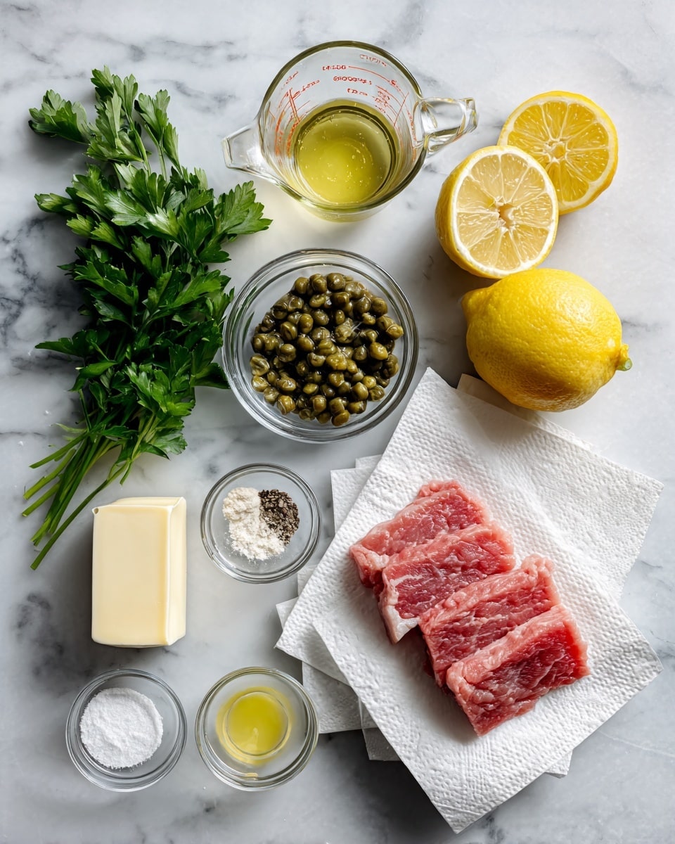 The image shows ingredients carefully arranged on a white marbled surface. On the right, there are several thin slices of raw pink meat placed on a white paper towel. Above the meat, a whole bright yellow lemon and a half lemon with visible seeds sit side by side. To the left of the lemons, a clear glass cup holds small green capers. Next to the capers, a glass measuring cup with a liquid that looks like broth or stock is placed. Below these, a cluster of fresh green parsley adds a pop of color. Nearby, a stick of pale yellow butter is partially wrapped. Below the butter, there is a small white dish with salt and black pepper. On the bottom left side, four small clear bowls hold olive oil, flour, a pale vinegar-like liquid, and a clear slightly yellow liquid, all lined up vertically. Photo taken with an iphone --ar 4:5 --v 7