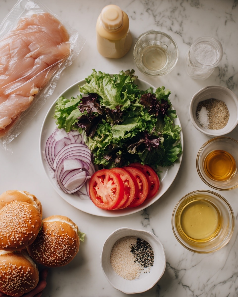The image shows a white plate filled with fresh mixed green leaves with different shapes and shades of green, placed on the left side of the plate. Next to the greens are three slices of red tomato with soft texture and a few small seeds, alongside several rings of thinly sliced purple onion arranged in layers. Surrounding the plate are various ingredients for a sandwich or salad: a pack of raw chicken with pale pink color, a white bowl with a small amount of granulated seasoning that is light beige, another small white bowl holding golden honey, and a white bowl with coarse salt and black pepper mixed together. There are two small glass cups filled with clear liquid, one yellowish, likely oil, and the other light beige. Additionally, a beige plastic bottle of mustard and a jar of light yellow mayonnaise lie nearby on a white marbled surface, together with a pack of sesame seed hamburger buns wrapped in clear plastic. A woman's hand partially holds a white plate with salad leaves. Photo taken with an iphone --ar 4:5 --v 7