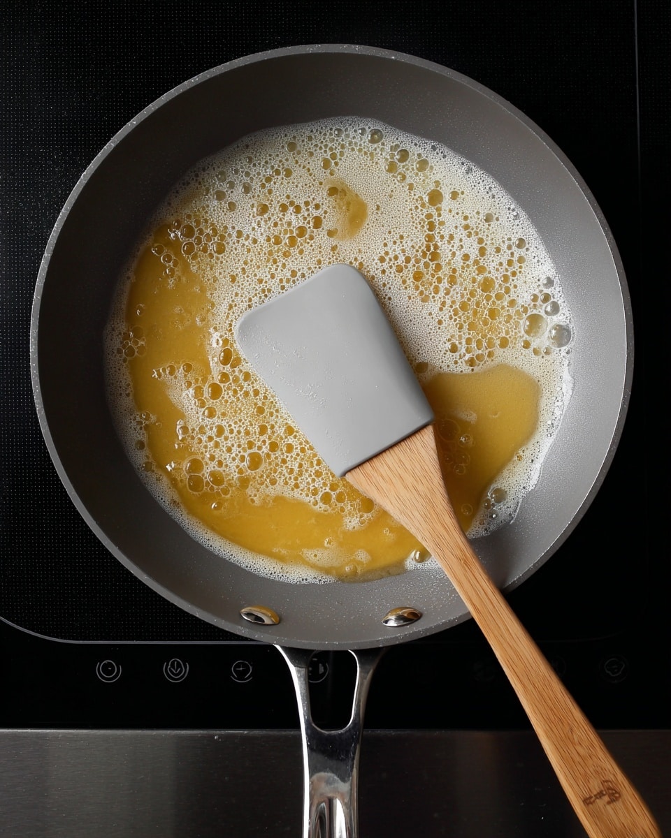 A shiny silver pan sitting on a black stovetop contains melted butter, spread thin with white foam bubbles swirling in a light golden-yellow liquid. A wooden-handled spatula with a flat, smooth, light grey silicone head rests on the edge of the pan, its handle stretching diagonally out of view. The pan's bright silver surface reflects soft kitchen light, showing rivets near the handle and a smooth, clean interior. photo taken with an iphone --ar 4:5 --v 7