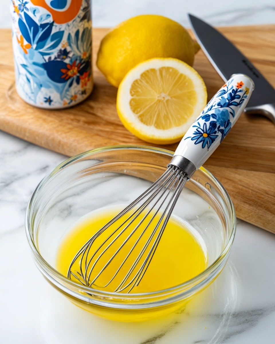 A clear glass bowl contains a small layer of bright yellow liquid, smooth in texture, placed centrally on a white marbled surface. Inside the bowl is a whisk with a white handle decorated with blue, navy, and orange floral designs, resting diagonally with the metal whisk part touching the liquid. In the background, there is a wooden cutting board holding two halves of a yellow lemon and a kitchen knife with a black handle. A tall, white can with a blue and orange patterned design stands behind the cutting board. Photo taken with an iphone --ar 4:5 --v 7