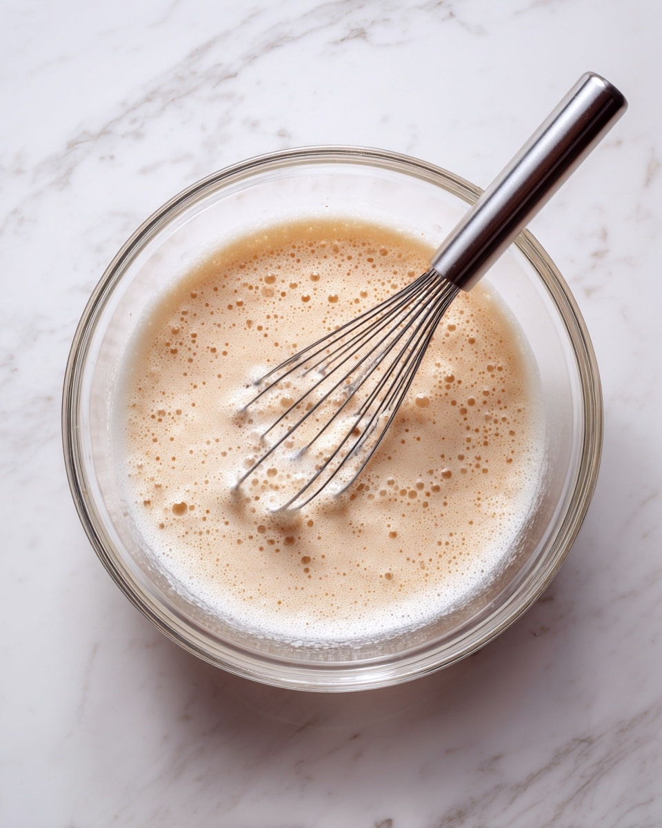 The image shows a clear glass bowl placed on a white marbled surface. Inside the bowl, there is a creamy mixture with a light beige color and frothy texture, filled with small bubbles. A silver whisk is partly dipped in the mixture, positioned diagonally with the handle extending towards the top left corner of the image. The scene is simple and focused on the mixture being whipped in the bowl. photo taken with an iphone --ar 4:5 --v 7