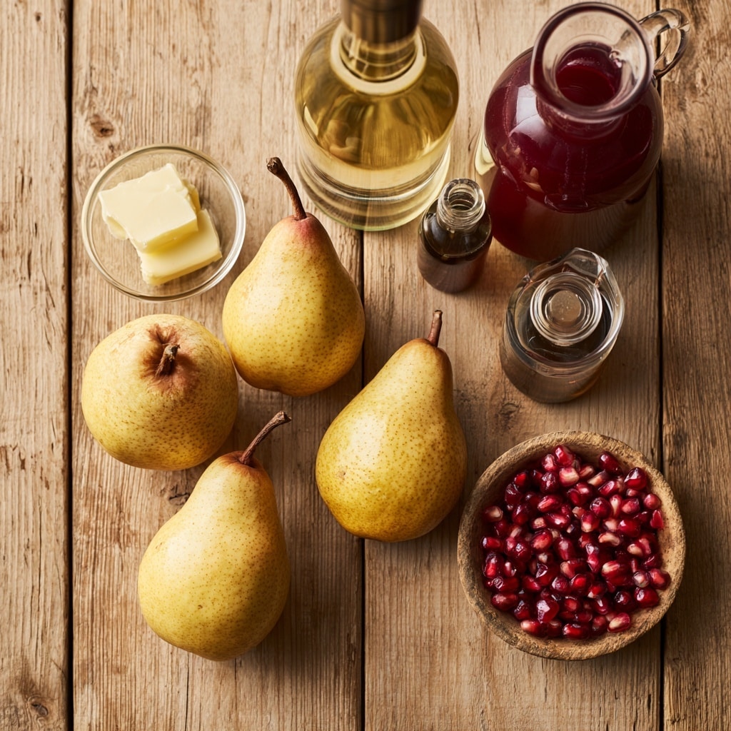 Three poached pears with a soft, smooth texture and a reddish-pink color stand upright on a white plate with subtle ridges, surrounded by scattered red pomegranate seeds. The pears have their dark brown stems attached, adding contrast to their warm tones. The plate is placed on top of another similar white plate on a white marbled surface. Some pomegranate seeds are also scattered on the marbled surface around the plates. The background is a plain, light beige wall. photo taken with an iphone --ar 4:5 --v 7