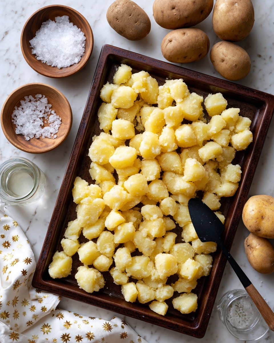The image shows a close-up of many small lumps of pale yellow cooked potato pieces spread over a dark brown baking tray. The potatoes look soft and slightly rough in texture. On the tray, there is a black spatula partially covered by the potatoes. Around the tray, on a dark wood surface, there are three whole raw potatoes with brown skin, a small wooden bowl filled with white salt crystals, a small clear glass jar, and a white cloth with golden stars. The background is a white marbled texture. photo taken with an iphone --ar 4:5 --v 7