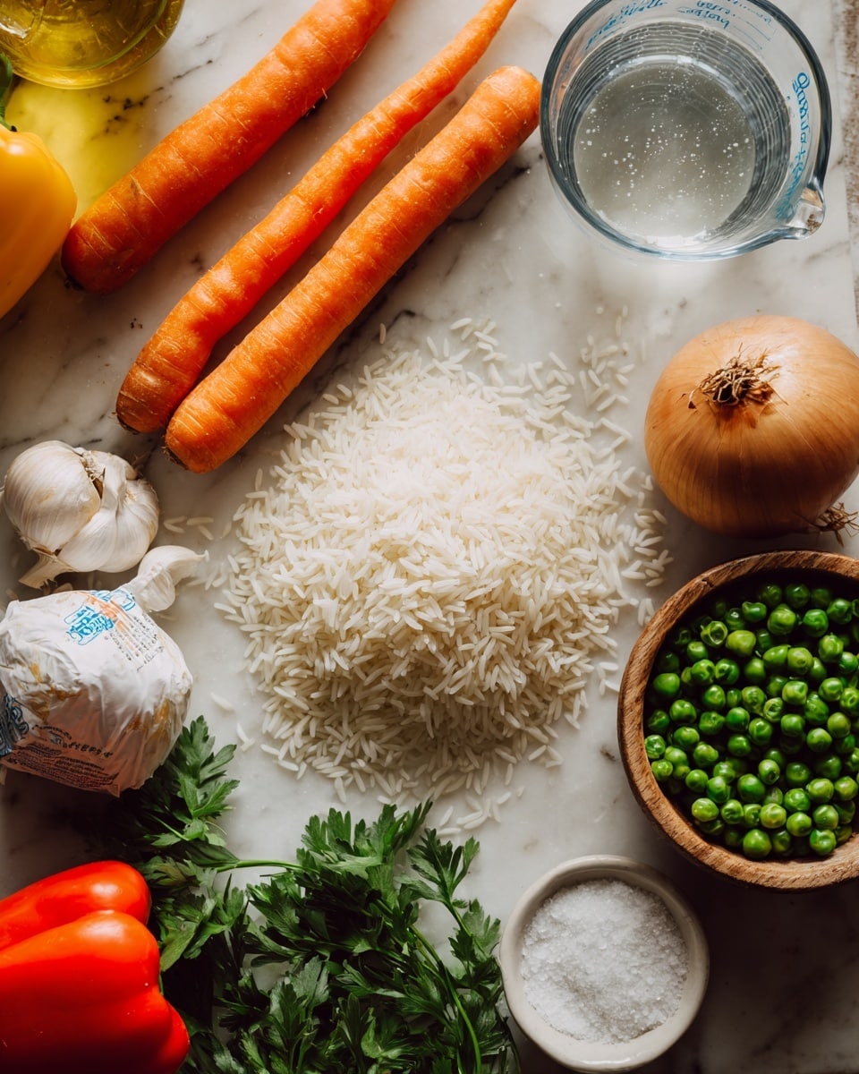A close-up scene shows a white marbled surface scattered with various fresh cooking ingredients, featuring a blue and white bag of Carolina basmati rice at the center. Surrounding it, there are three fresh orange carrots on the left, three garlic cloves near the middle, a whole brown onion at the bottom right, and a bunch of green parsley toward the top. On the right side, there is a wooden bowl filled with small green peas, with a few peas beside it on the surface. A clear glass measuring cup filled with water is near the top right, and a small white bowl of salt sits near the top left. Part of a yellow and a red bell pepper are visible at the bottom left corner. A glass bottle with oil is partially visible on the top left. photo taken with an iphone --ar 4:5 --v 7