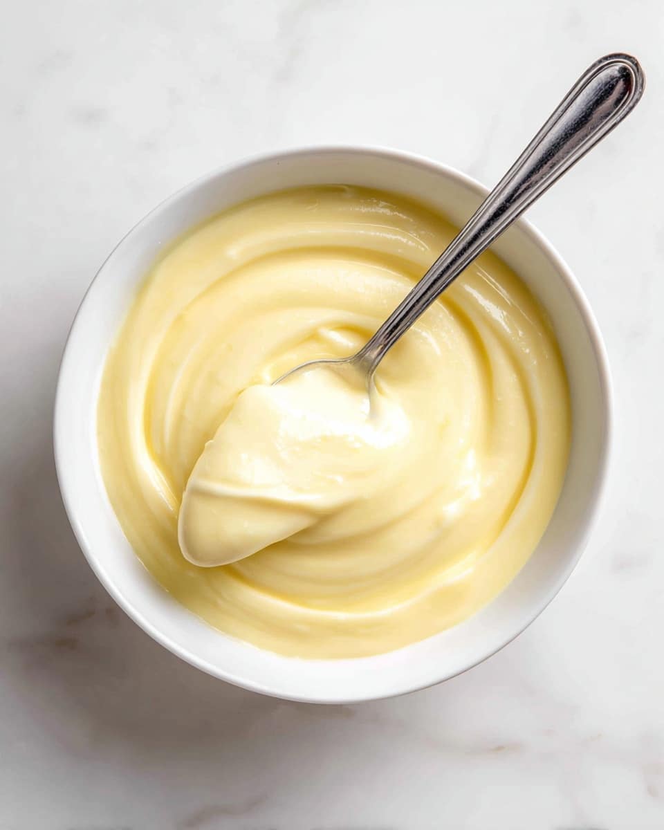 A white bowl filled with a smooth, creamy pale yellow sauce or dressing that is thick and glossy. A silver spoon rests inside the bowl, lifting a dollop of the sauce, showing its soft and rich texture with gentle swirls around the edges. The bowl is placed on a white marbled surface. photo taken with an iphone --ar 4:5 --v 7