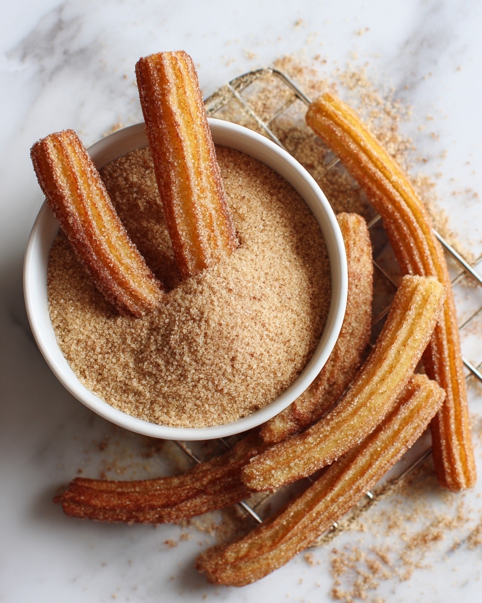 Golden brown churros with a rough texture, coated in a light layer of sugar and cinnamon, are arranged around and inside a white bowl filled with a fine, light brown cinnamon sugar mixture. Inside the bowl, two churros lie partially buried and covered in the cinnamon sugar powder. The churros have a ridged surface from being piped, and they rest on a wire cooling rack, all set on a white marbled surface. The photo taken with an iphone --ar 4:5 --v 7