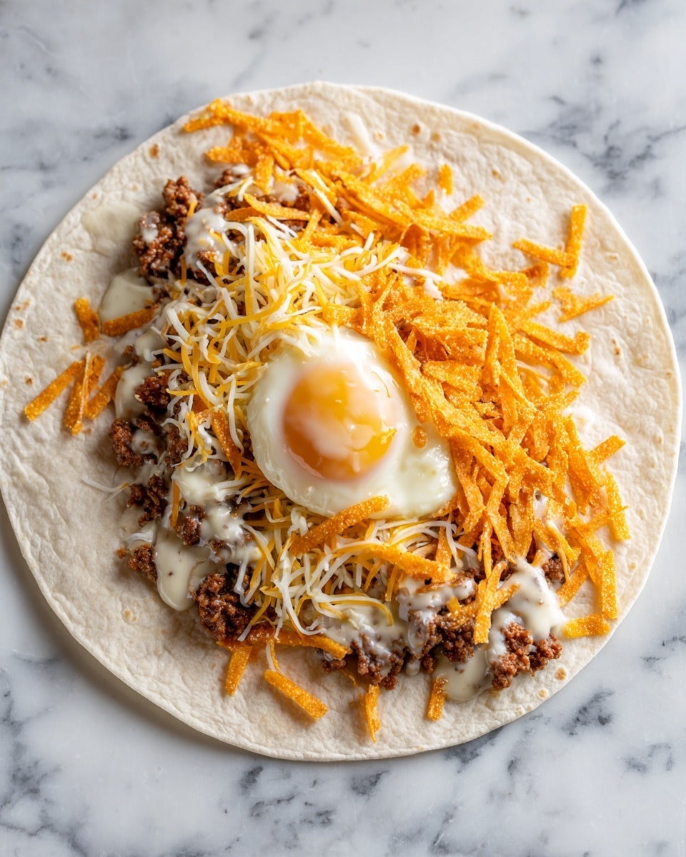 A white soft tortilla is laid flat on a white marbled surface, filled with layers starting from a base of seasoned ground meat scattered unevenly. On top of the meat, there is a small pile of shredded yellow and white cheese mixed together. Above the cheese, there is a cracked egg with a visible yellow yolk surrounded by the white part. The egg is topped with a creamy pale sauce and sprinkled with thin, crispy orange tortilla strips spread all over. Photo taken with an iphone --ar 4:5 --v 7