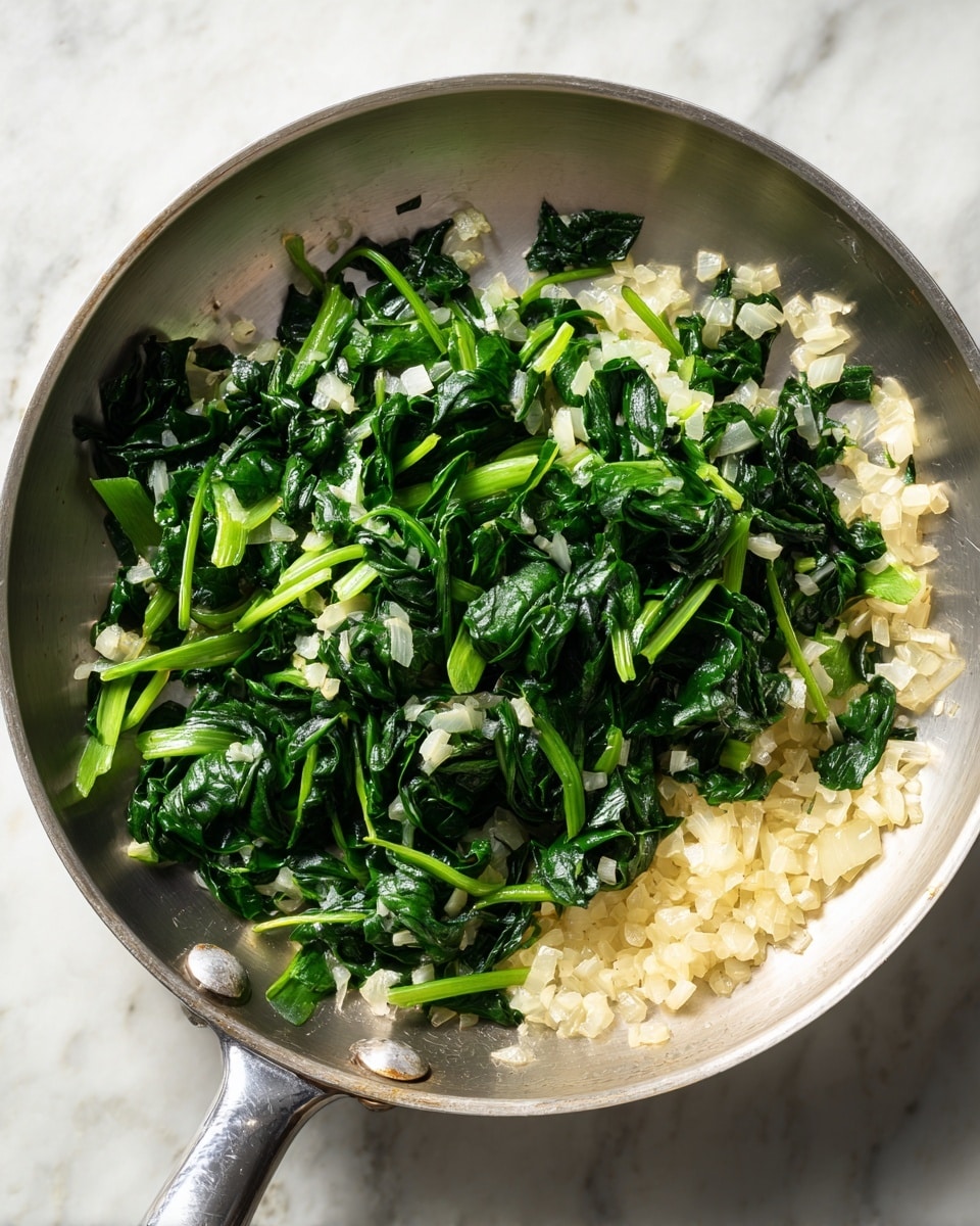 A shiny silver pan holds two layers of cooked ingredients. The bottom layer has small chopped pale yellow onions spread evenly. On top, bright green leafy spinach pieces with some thick stems are scattered, showing a soft, wilted texture. The pan is placed on a smooth white marbled surface. The lighting creates soft shadows and highlights on the pan and the cooked greens inside it. Photo taken with an iphone --ar 4:5 --v 7