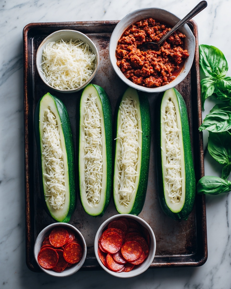The image shows six hollowed-out green zucchinis arranged side by side on a dark baking tray with a slightly worn texture. Above the tray, there is a bowl filled with cooked, crumbly red-brown meat sauce with a spoon resting inside. To the left of the tray, a small white bowl contains shredded white cheese, and below the tray, another white bowl holds round, red slices of pepperoni. Fresh green basil leaves are placed in the upper right corner on a white marbled surface. The lighting is natural, highlighting the fresh colors and textures of the ingredients, photo taken with an iphone --ar 4:5 --v 7