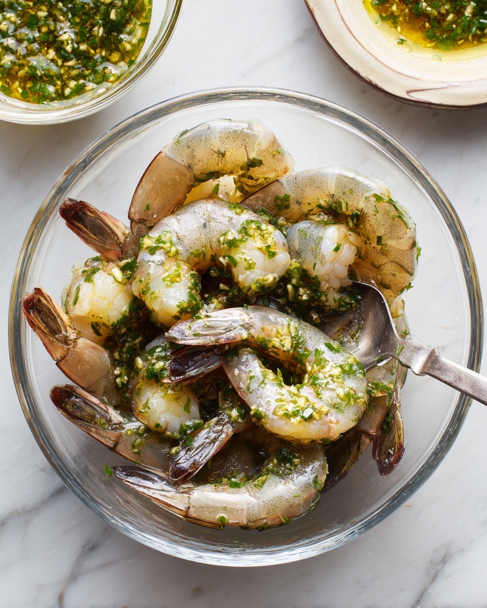 A clear glass bowl holds a single layer of large, raw shrimp arranged in a circle with their tails pointing outward. The shrimp are pale gray with dark brown markings on their shells and white translucent flesh. On top, a spoon pours a bright green herb mixture with small pieces of garlic and a shiny olive oil drizzle onto the shrimp. The bowl sits on a white marbled surface, and a second bowl with more herb sauce is partially visible in the top left corner. Photo taken with an iphone --ar 4:5 --v 7
